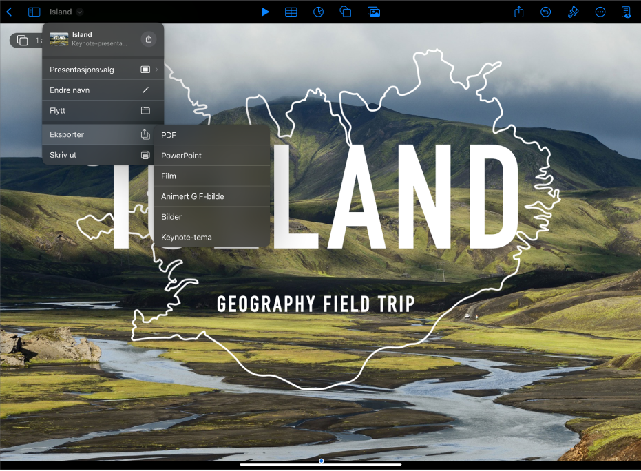 Keynote-appen med Eksporter-valg åpnet i handlingsmenyen i verktøylinjen.