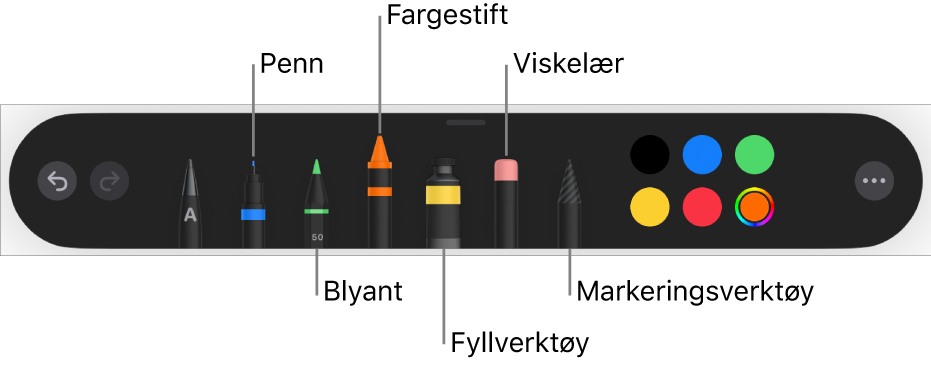 Tegneverktøylinjen med en penn, blyant, fargestift, fyllverktøy, viskelær, markeringsverktøy og fargefelt som viser den gjeldende fargen.