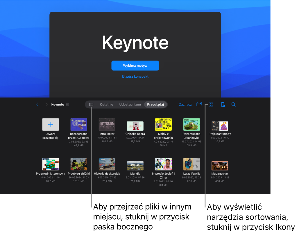 Menedżer dokumentów z przyciskami umożliwiającymi wybór motywu i rozpoczęcie tworzenia prezentacji od konspektu w górnej połowie ekranu oraz zachowane prezentacje w dolnej połowie ekranu.