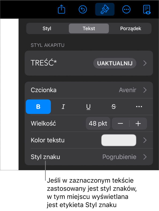 Narzędzia formatowania tekstu oraz menu stylów znaków widoczne poniżej narzędzi koloru. Styl znaków Brak wyświetlany jest z gwiazdką.