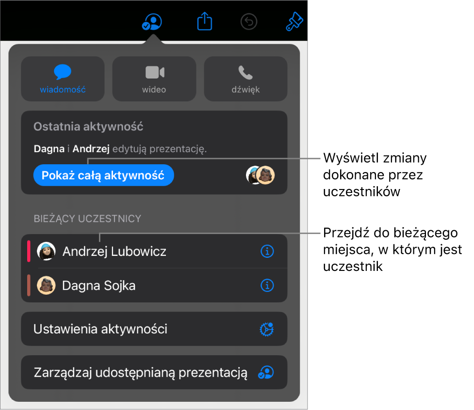 Menu współpracy z wymienionymi aktualnymi uczestnikami.