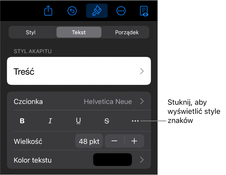Narzędzia formatowania. Na samej górze widoczne są style akapitu, a poniżej znajdują się narzędzia czcionki. Pod narzędziami czcionki widoczne są przyciski Pogrubienie, Kursywa, Podkreślenie, Przekreślenie oraz Więcej opcji tekstu.