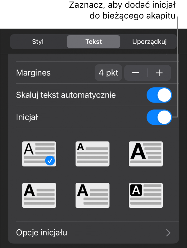 Narzędzia inicjału znajdujące się w menu Tekst.