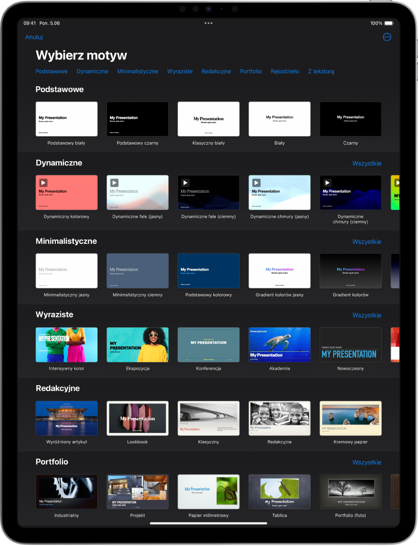 Paleta motywów z widocznym na górze wierszem kategorii, w które możesz stuknąć, aby filtrować dostępne motywy. Poniżej widoczne są miniaturki gotowych motywów uporządkowane wierszami według kategorii.