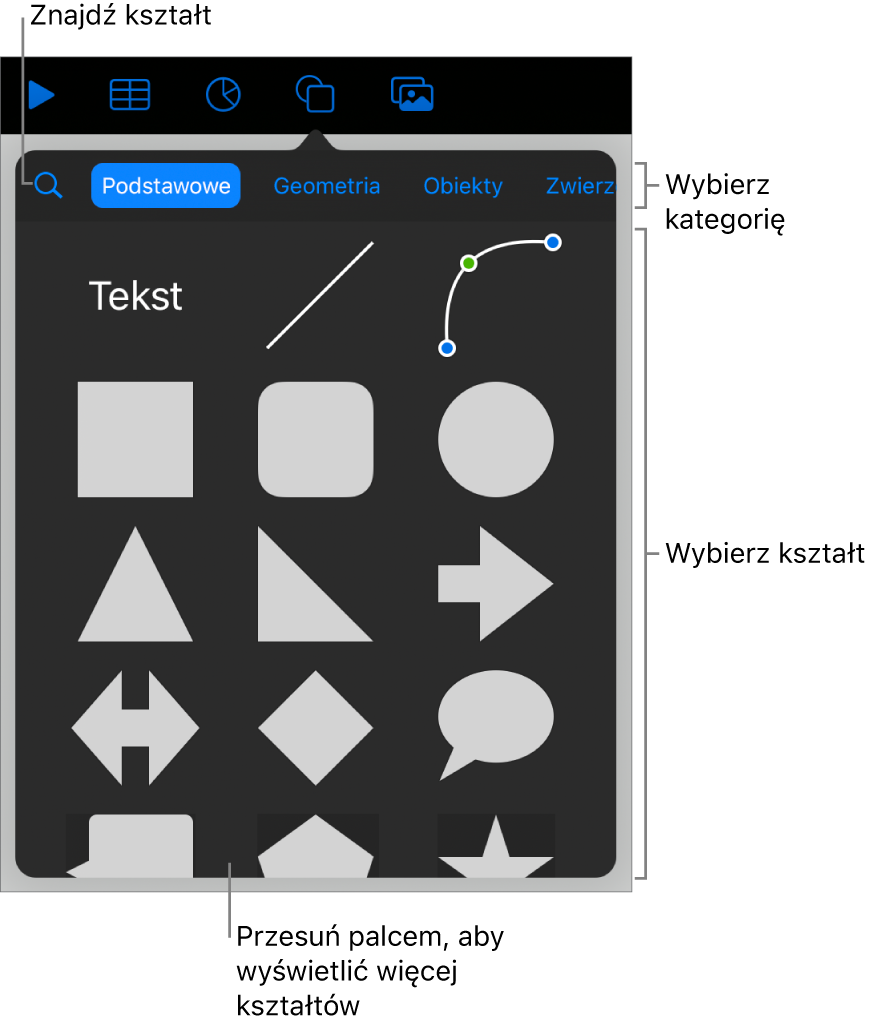Biblioteka kształtów, na górze widoczne są kategorie, a na dole kształty. Możesz użyć pola wyszukiwania znajdującego się na górze, aby wyszukiwać kształty. Przesuń palcem, aby zobaczyć więcej kształtów.