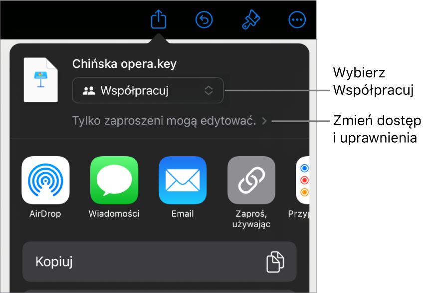 Menu udostępniania z opcją Współpracuj wybraną u góry oraz ustawieniami dostępu i uprawnień poniżej.