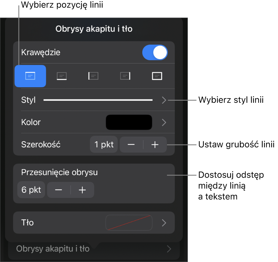 Narzędzia zmieniania stylu, grubości, pozycji i koloru linii.