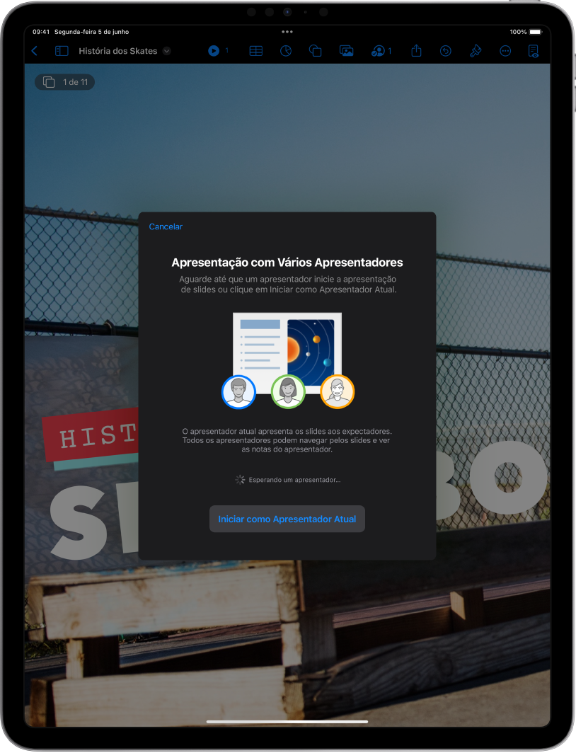 Janela introduzindo apresentações com vários apresentadores, com o botão Iniciar como Apresentador Atual na parte inferior.