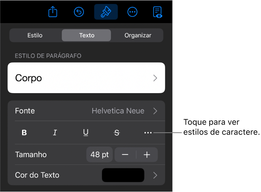 Controles Formatar com estilos de parágrafo na parte superior, seguidos dos controles de Fonte. Abaixo de Fonte estão os botões Negrito, Itálico, Sublinhado, Tachado e “Mais opções de texto”.