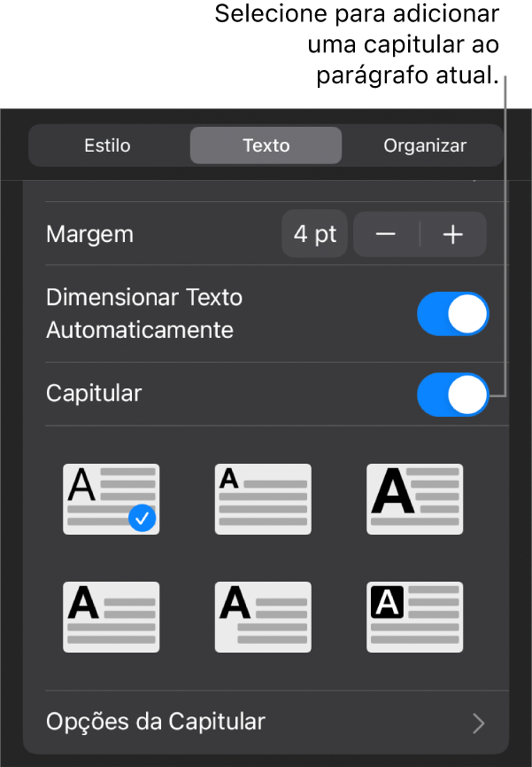 Controles Capitular localizados no menu Texto.