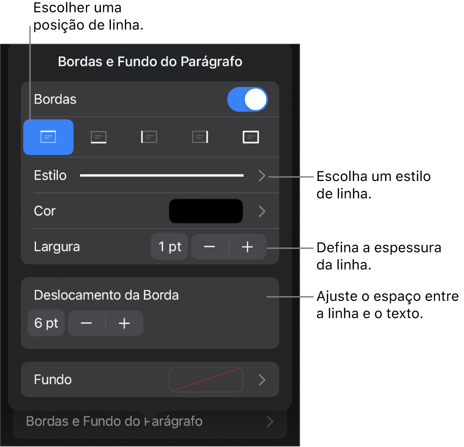 Controles para alterar o estilo, a espessura, a posição e a cor da linha.