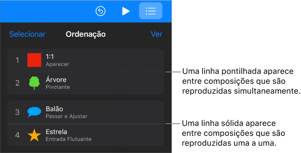 Menu “Ordem de Composição”, com uma linha pontilhada aparecendo entre composições reproduzidas simultaneamente e uma linha sólida entre composições reproduzidas uma a uma.