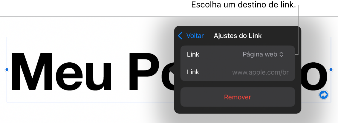 Controles de “Ajustes do Link” com Página Web selecionado e o botão Remover na parte inferior.