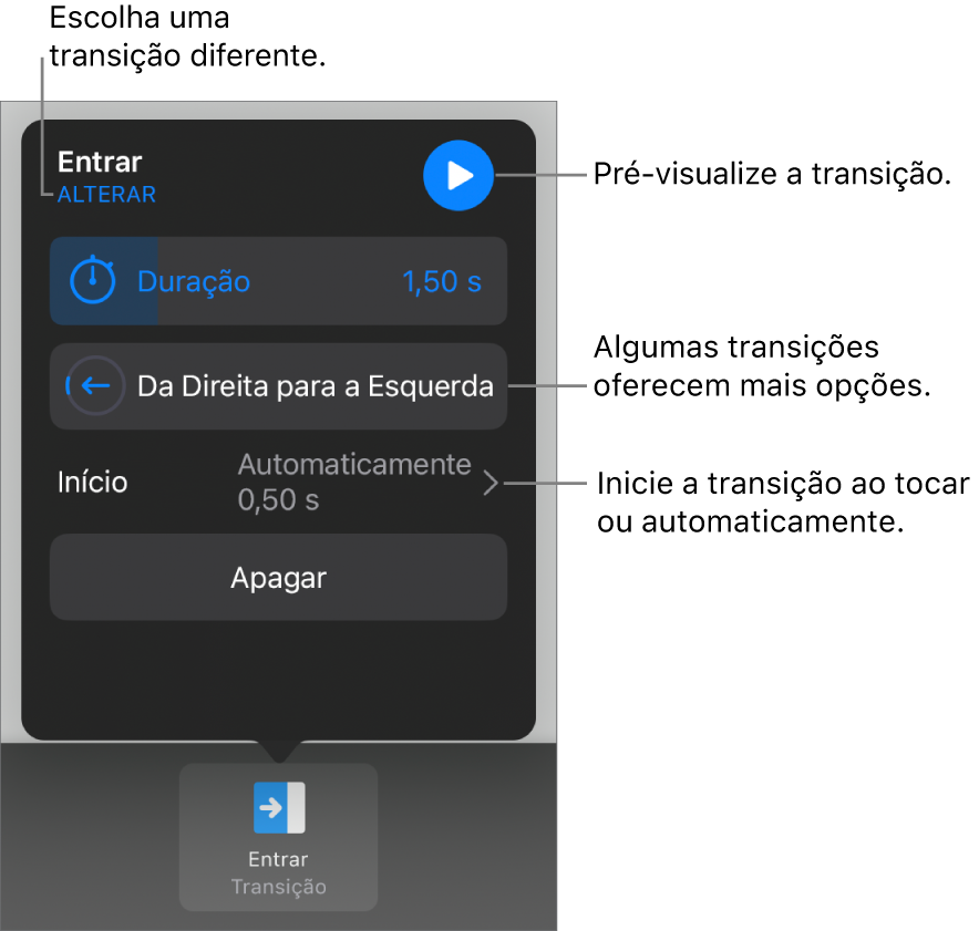 Controles no painel Opções para modificar uma transição.