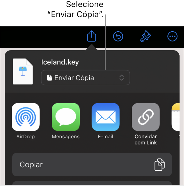 Menu Compartilhar com “Enviar Cópia” selecionado na parte superior.