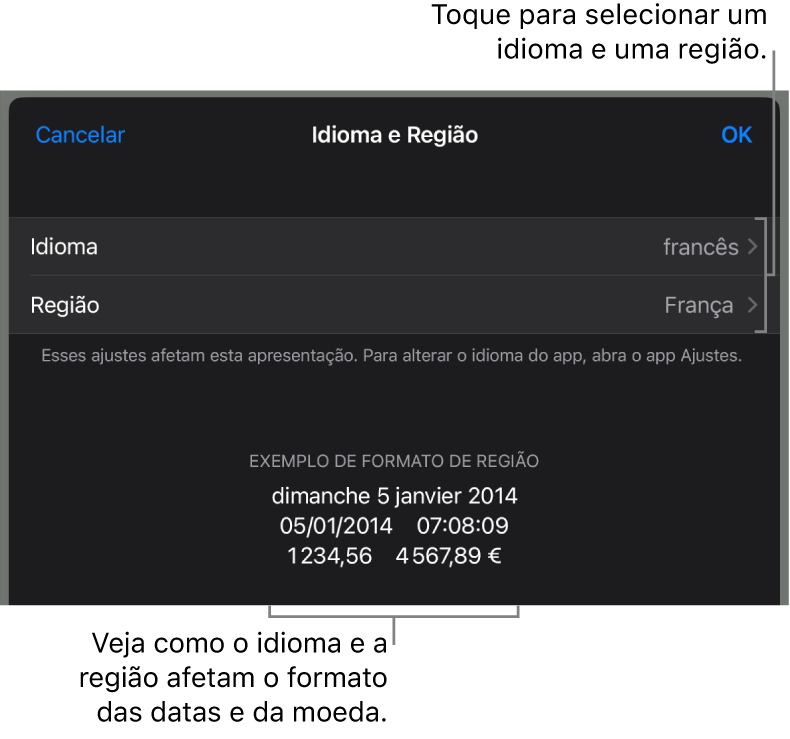 Painel de Idioma e Região com controles para idioma e região e um exemplo de formatação, incluindo data, hora, decimal e moeda.