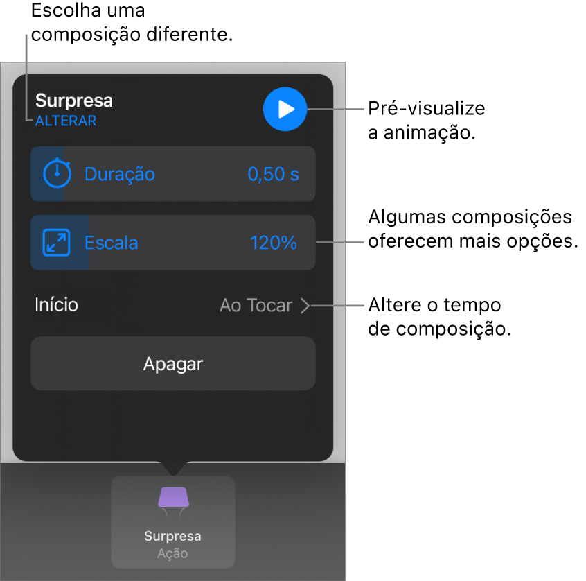 Entre as opções de composição estão Duração e tempo de Início. Toque em Alteração para escolher uma composição diferente ou toque em Pré-visualizar para pré-visualizá-la.