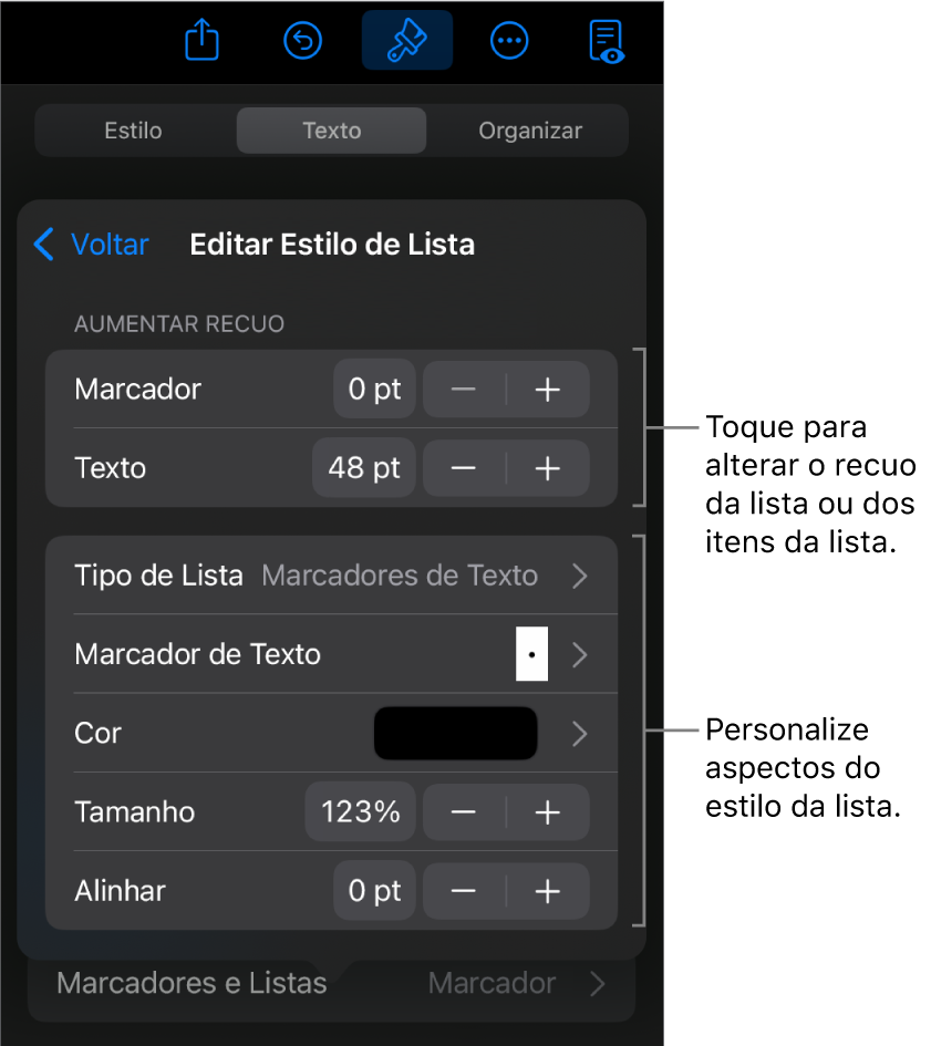 Menu de “Editar Estilo de Lista” com controles para editar o tipo e a aparência da lista.