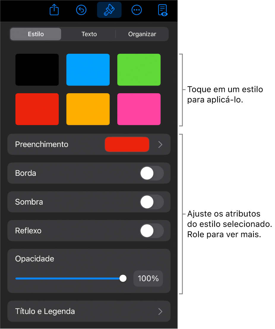 A aba Estilo do menu Formatar, com estilos de objetos na parte superior e controles abaixo para alterar borda, sombra, reflexo e opacidade.