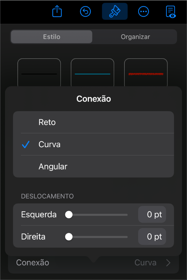 Os controles de Conexão com Curva selecionada.