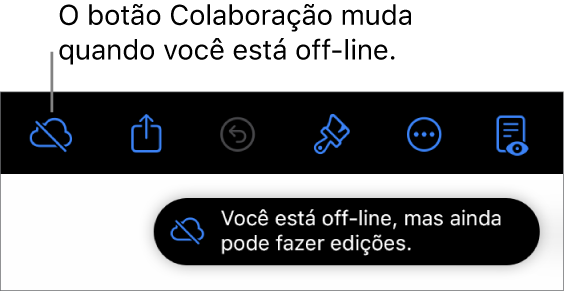 Os botões na parte superior da tela com o botão Colaboração transformado em uma nuvem com uma linha diagonal sobre ela. Alerta na tela informando que “Você está off-line, mas ainda pode fazer edições.”