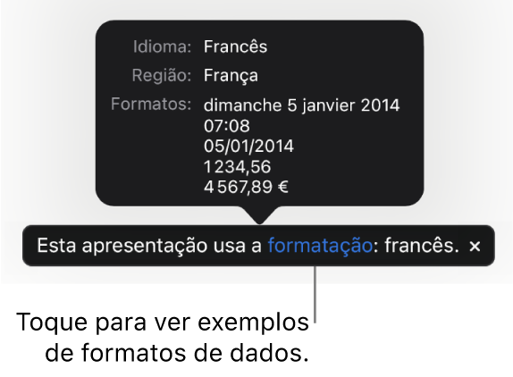 A notificação da configuração diferente de idioma e região, com exemplos de formatação no idioma e região diferentes.