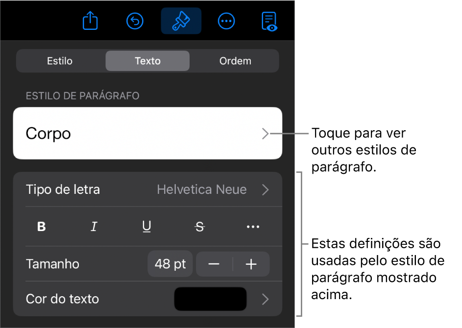 O menu "Formatação” a apresentar controlos de texto para definir estilos de parágrafo e carácter, tipo de letra, tamanho e cor.
