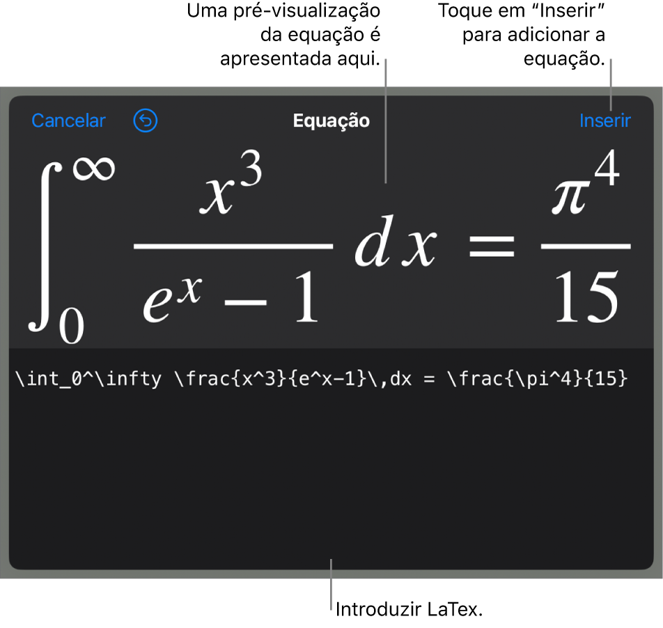 A caixa de diálogo “Equação”, apresentando uma equação escrita com recurso aos comandos LaTeX e uma pré-visualização da fórmula em cima.