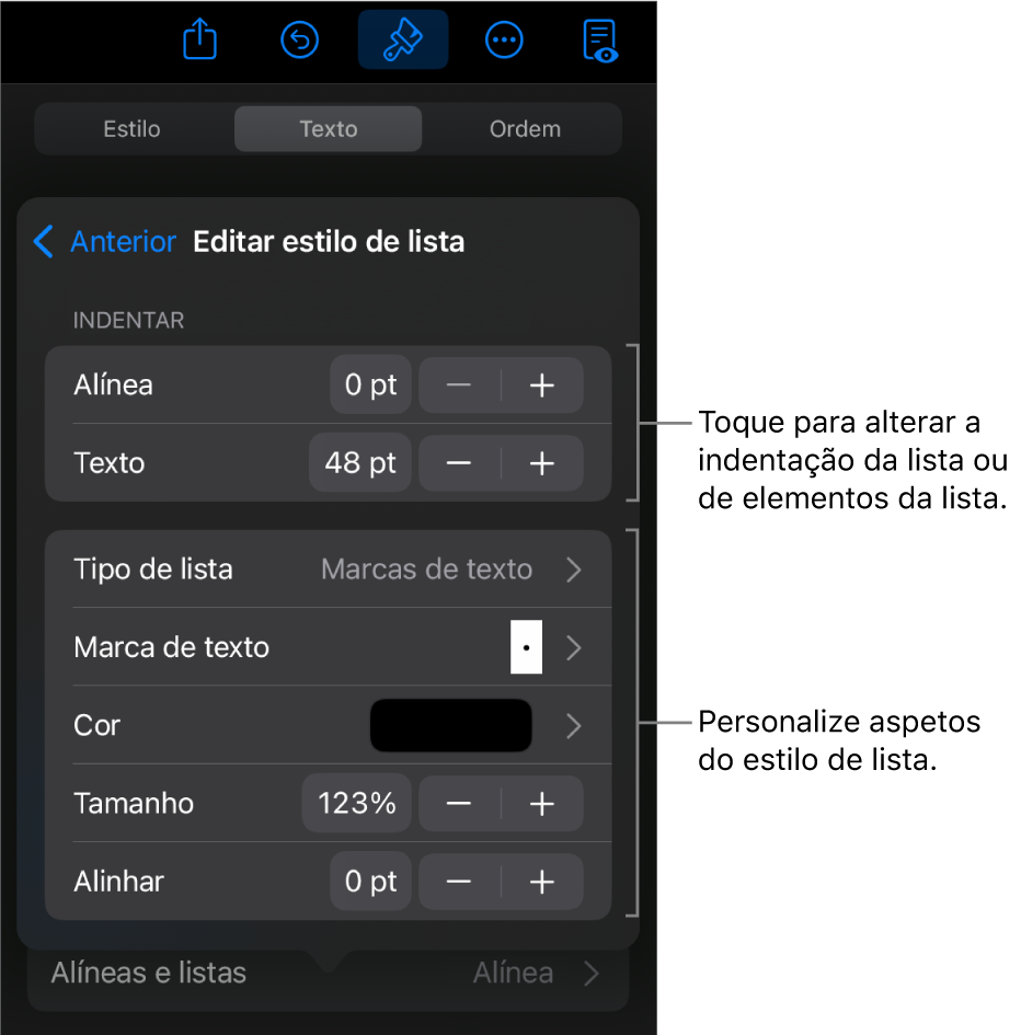 O menu “Editar estilo de lista” com controlos para edição do tipo e aspeto da lista.