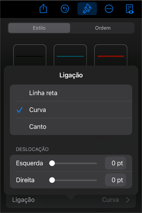 Os controlos de “Ligação” com “Curva” selecionada.