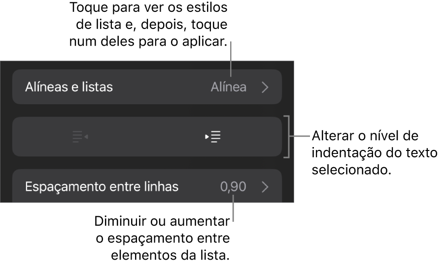 A secção “Marcas e listas” dos controlos de “Formatação” com chamadas para “Marcas e listas”, botões de remover indentação e de indentação e controlos de espaçamento.