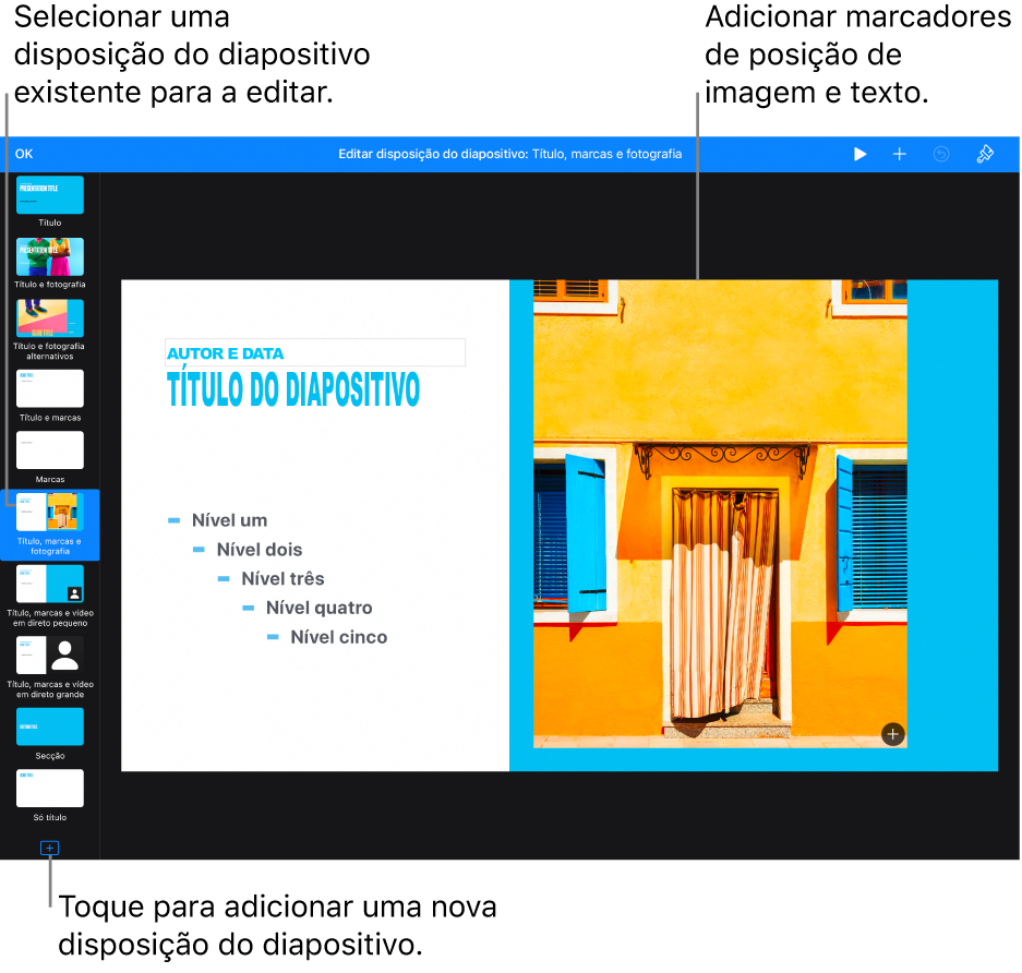 Uma disposição de diapositivo visível no fundo do diapositivo, com o botão “Adicionar disposição do diapositivo” na parte inferior do navegador de diapositivos.