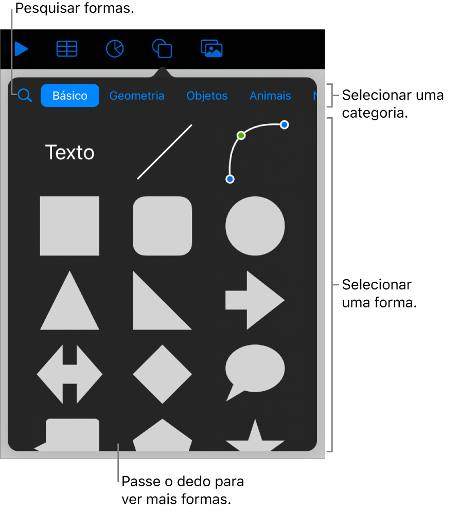 A biblioteca de formas, com as categorias exibidas na parte superior e as formas na parte inferior. É possível usar o campo de pesquisa na parte superior para encontrar formas e passar os dedos para ver mais.
