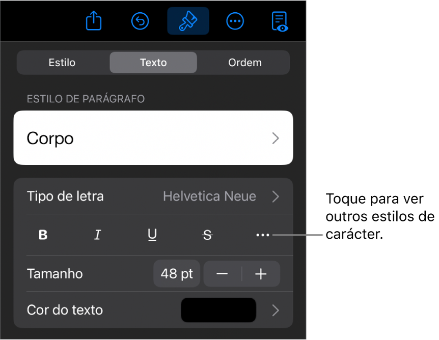 Os controlos de “Formatação” com estilos de parágrafo na parte superior e depois os controlos de tipo de letra. Sob “Tipo de letra” encontram-se os botões “Negrito”, “Itálico”, “Sublinhado”, “Riscado” e “Mais opções de texto”.