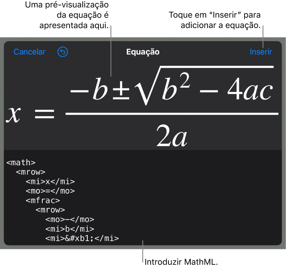 A caixa de diálogo “Equação”, apresentando uma equação escrita com recurso aos comandos MathML e uma pré-visualização da fórmula em cima.