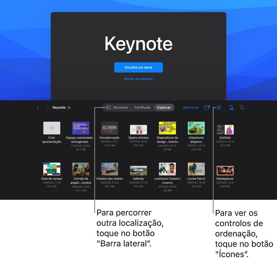 O gestor de documentos com botões para escolher um tema e iniciar uma apresentação de um esboço na metade superior do ecrã e apresentações guardadas na parte inferior.