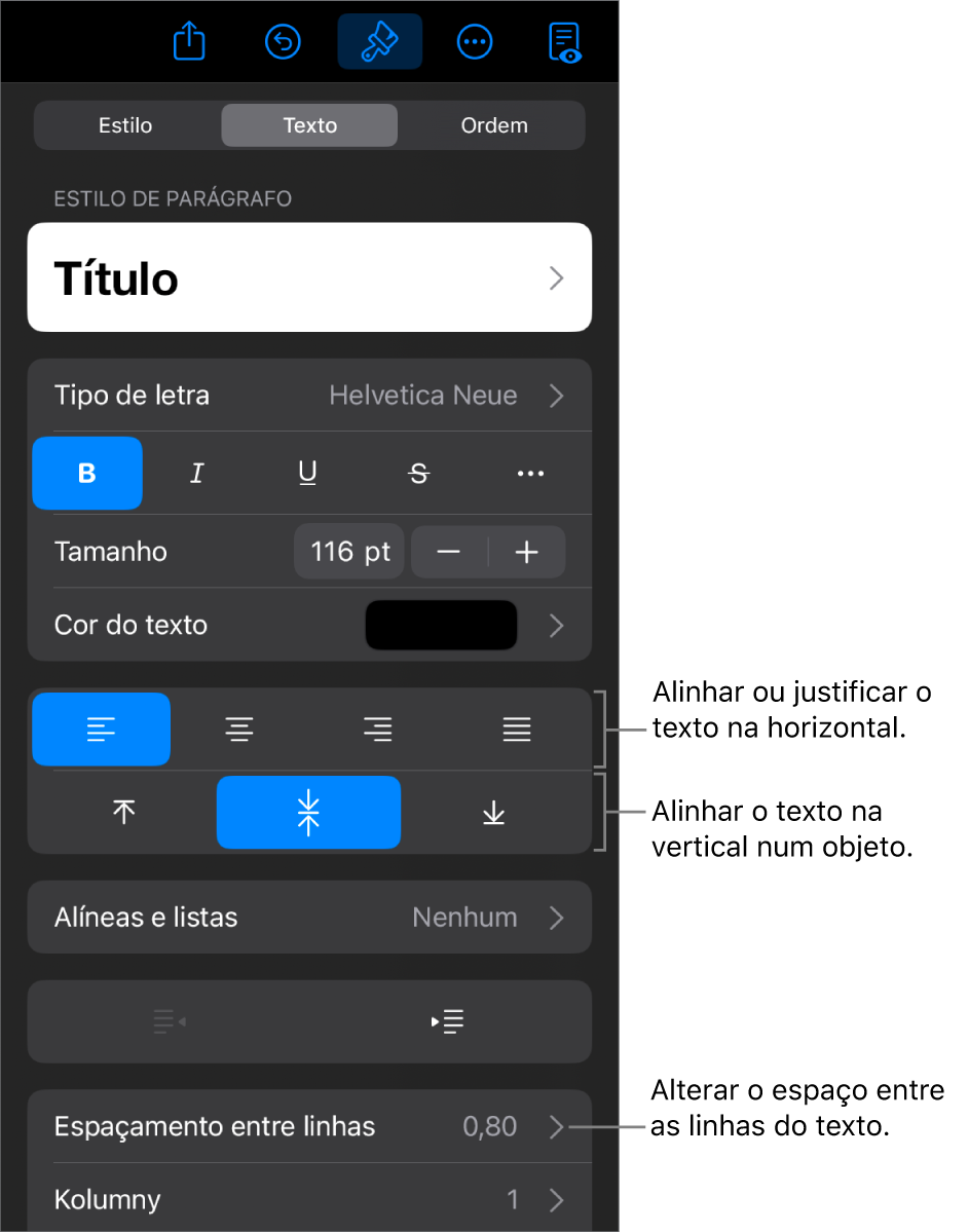 O painel “Disposição” com chamadas para os botões de alinhamento e espaçamento de texto.