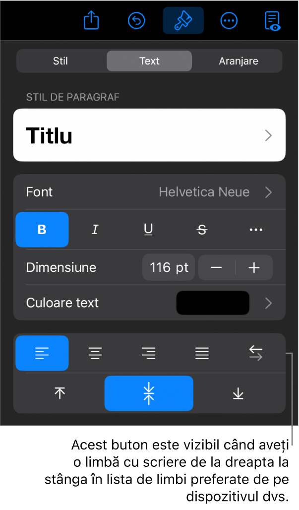 Comenzile pentru text din meniul Format cu o explicație referitoare la butonul De la stânga la dreapta.