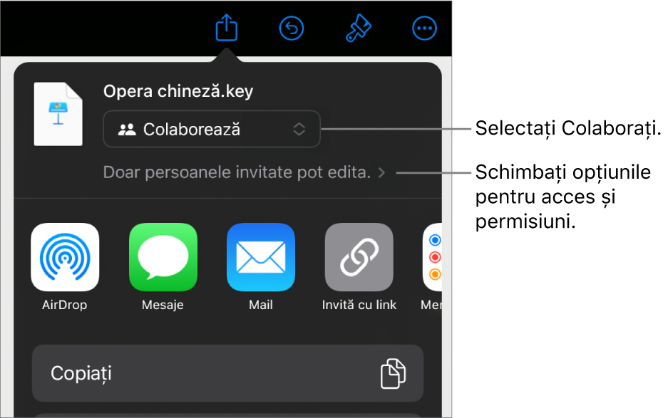 Meniul Partajați, cu opțiunea Colaborați selectată în partea de sus și configurările de acces și permisiune dedesubt.