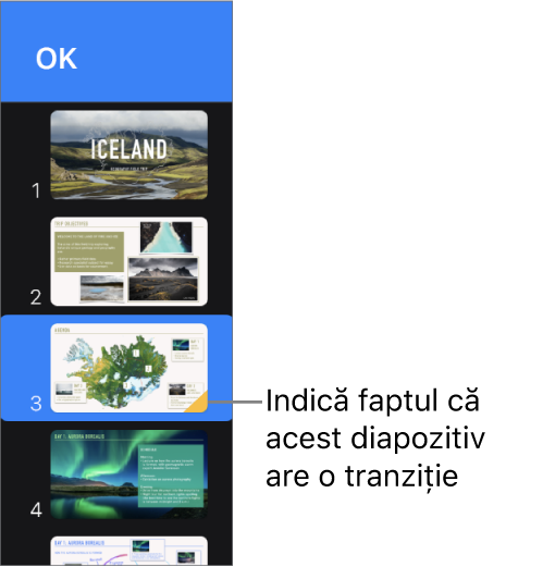 Un triunghi galben aflat pe un diapozitiv indică faptul că acesta deține o tranziție.