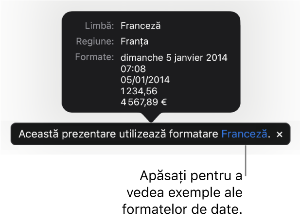 Notificarea privind configurarea limbii și regiunii diferite, afișând exemple de formatare în limba și regiunea respectivă.