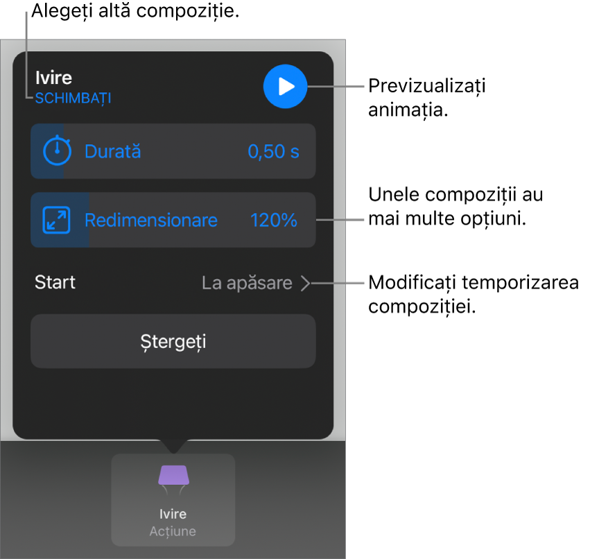 Opțiunile de compoziție includ Durata și Începere temporizare. Apăsați Schimbați pentru a alege o altă compoziție sau apăsați Preafișează pentru a previzualiza compoziția.