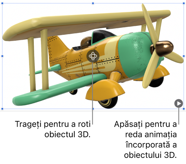 Un obiect 3D cu un buton Rotire în mijlocul său și butonul Redare în colțul din dreapta jos.