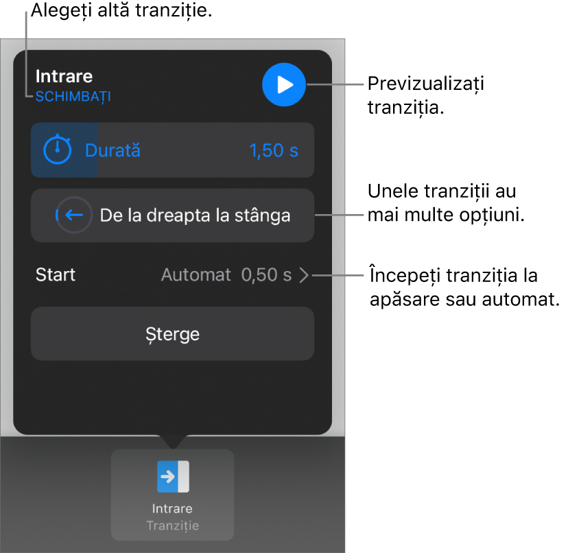 Comenzile din panoul Opțiuni pentru modificarea unei tranziții.