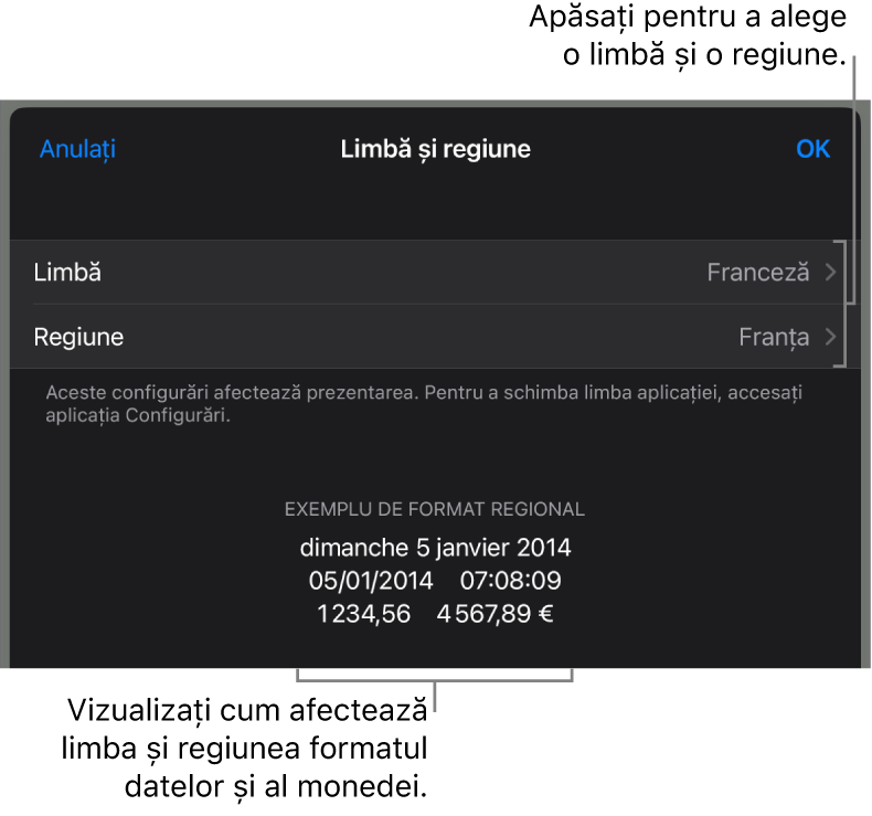 Panoul Limbă și regiune, cu comenzile pentru limbă și regiune și un exemplu de format, inclusiv data, ora, zecimale și valuta.