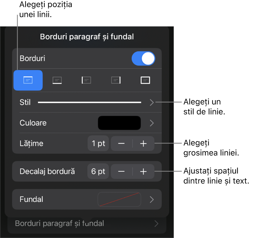 Comenzile pentru schimbarea stilului, grosimii, poziției și culorii liniei.