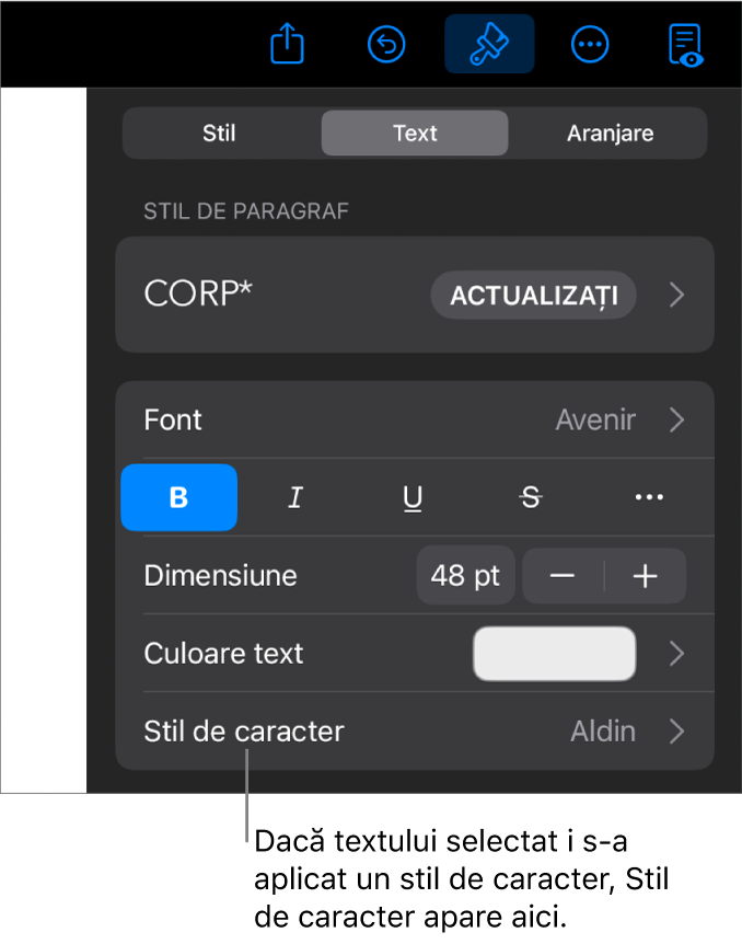 Comenzile de formatare Text cu Stil de caracter sub comenzile Culoare. Stilul de caracter Nimic apare cu un asterisc.