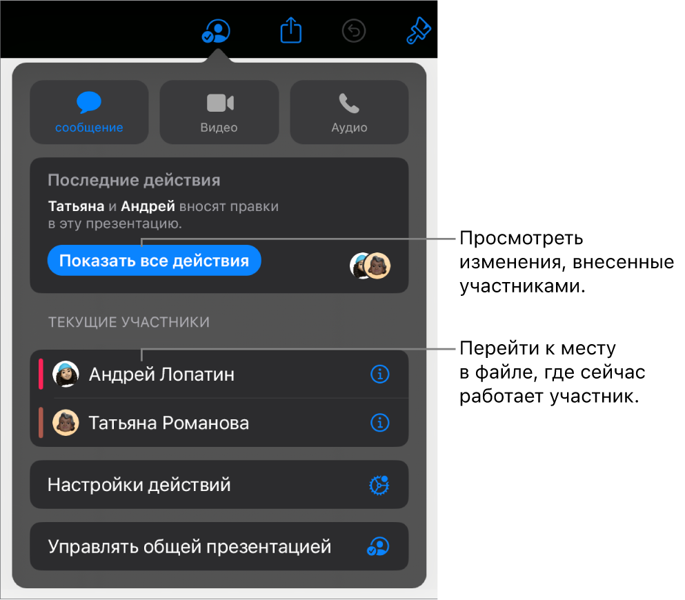 В меню совместной работы показаны активные участники.