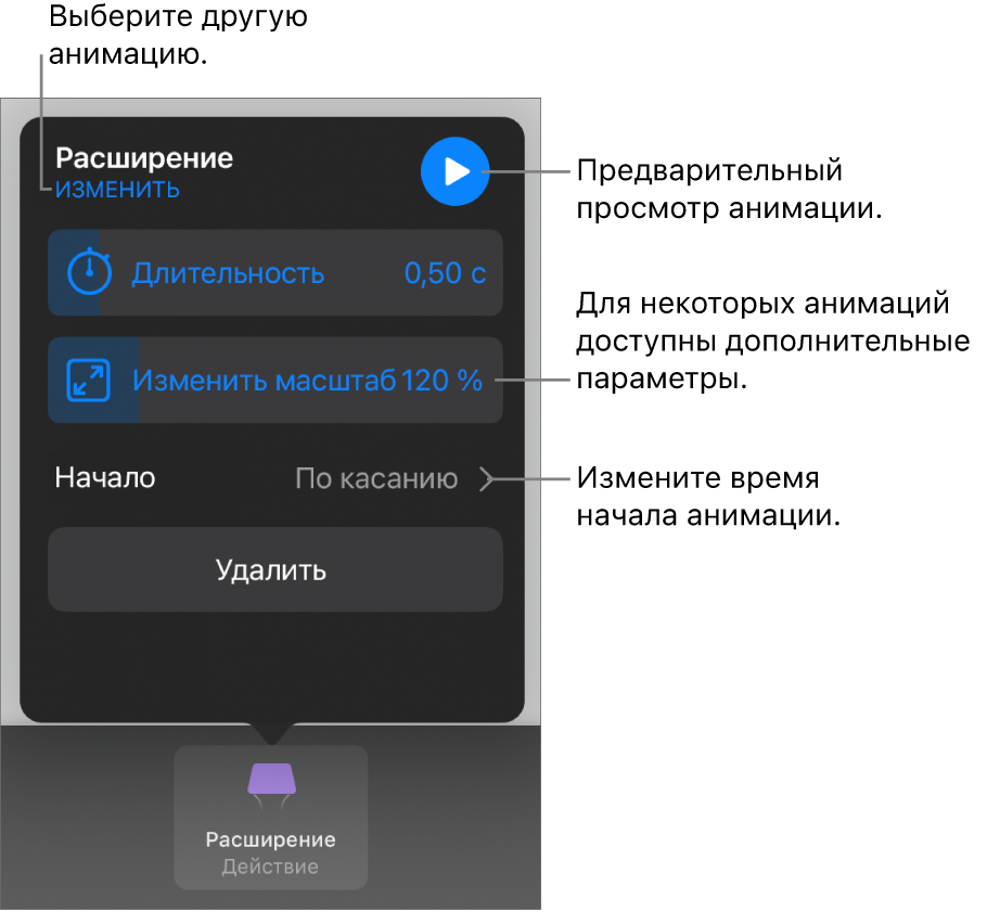 Параметры анимации, в том числе длительность и время начала воспроизведения. Коснитесь «Изменить», чтобы выбрать другую анимацию, или коснитесь «Просмотр», чтобы просмотреть анимацию.