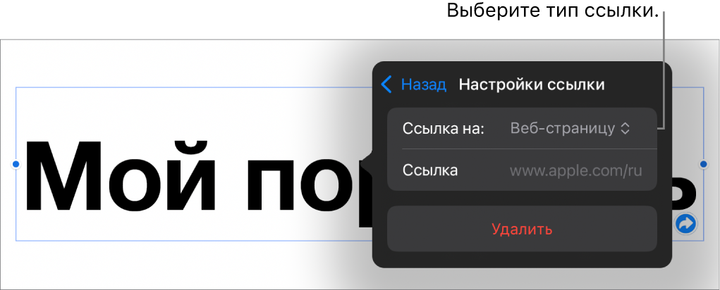 Элементы управления «Настройки ссылки»; выбран элемент «Веб-страница». В нижней части экрана показана кнопка «Удалить».